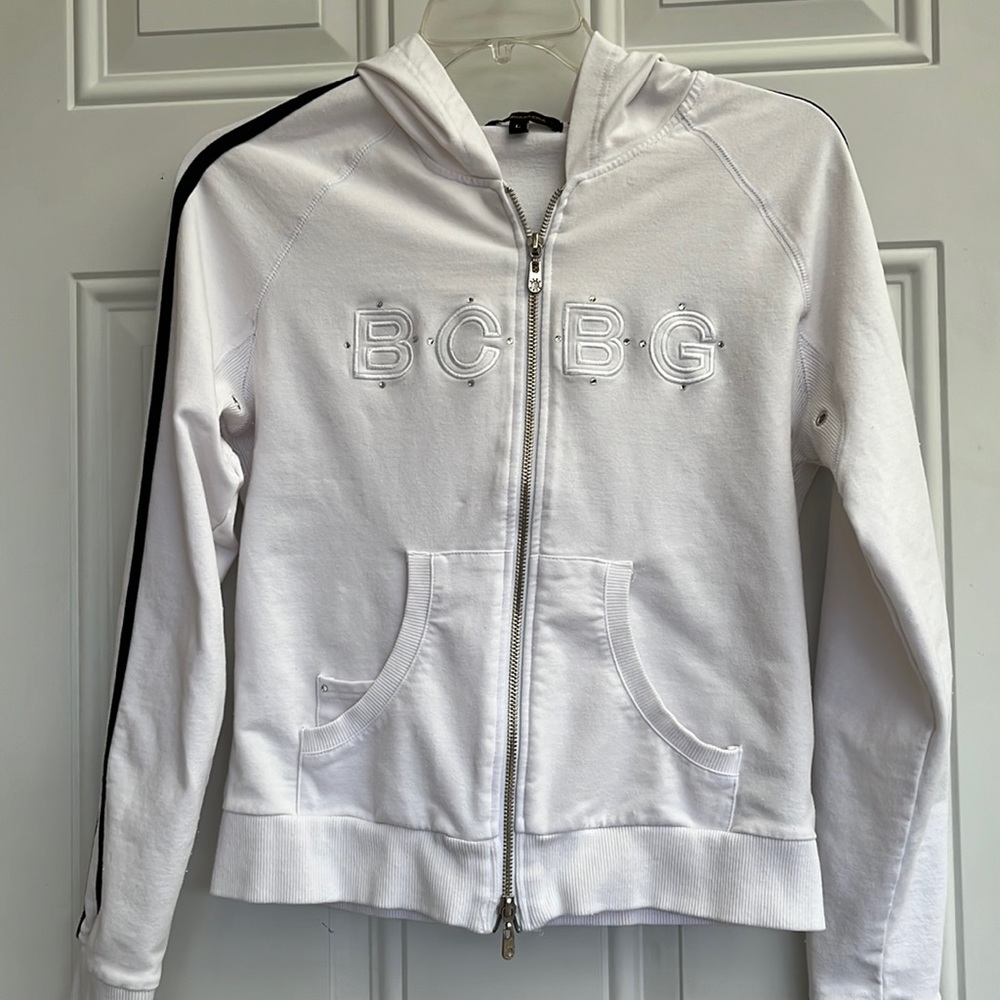 Ladies BCBG Maxazria White & Black strips jogging jacket with hoodie size L